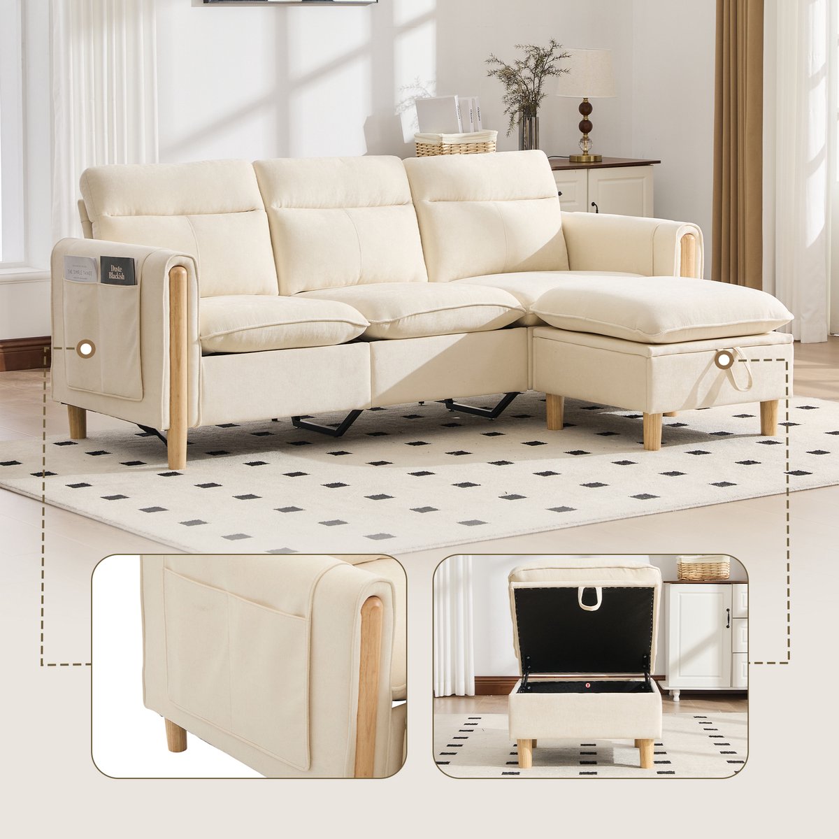Chenille Sofagarnitur - Ideale Wahl voor woonkamer en kleine Räume, met Aufbewahrungshocke... - 71x63.5x29 cm, Beige