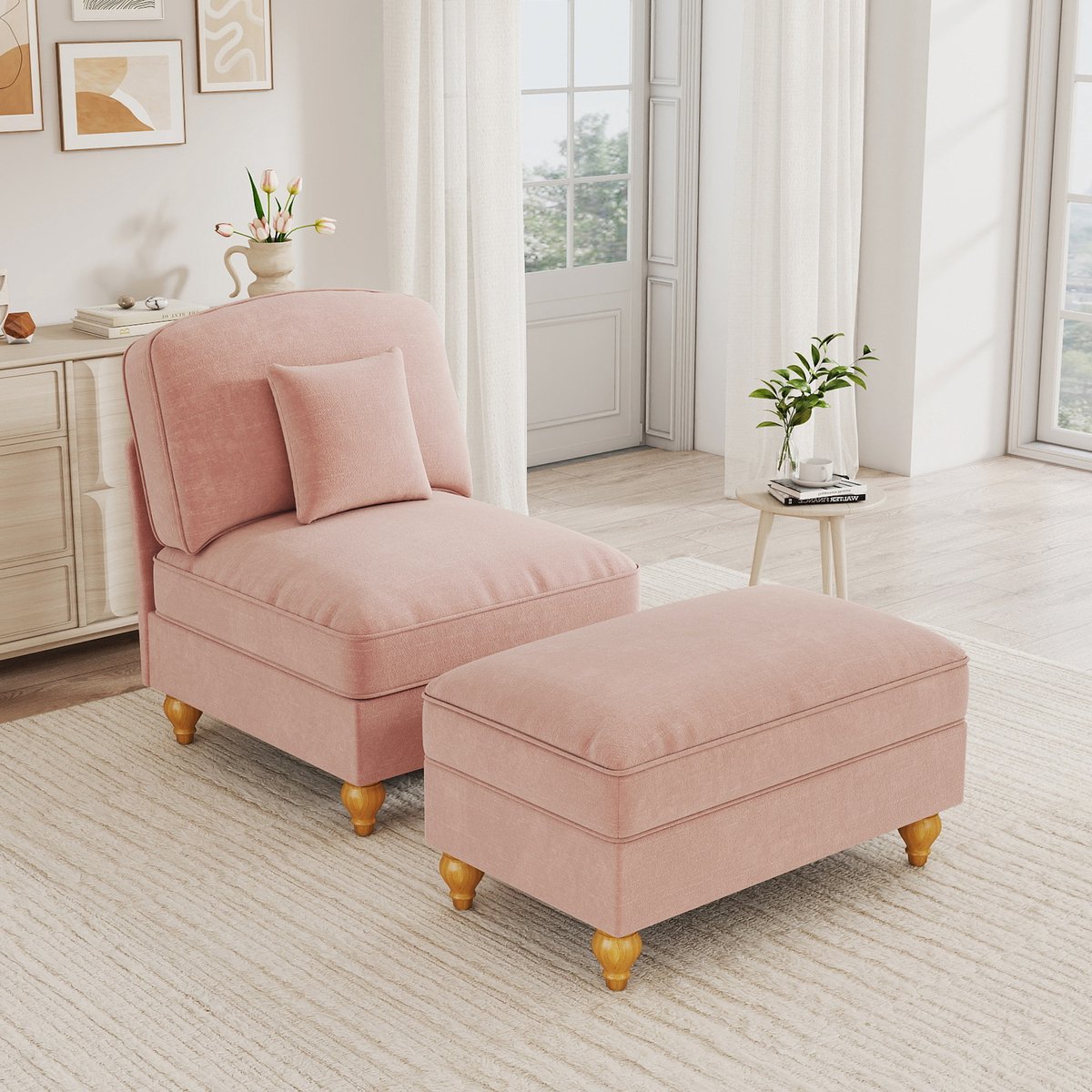 Klassieke Chenille comfortabele Lounge-fauteuil met Abneembare Schort en Beweeglijke Hocker - 92.5x57x20 cm, Roze