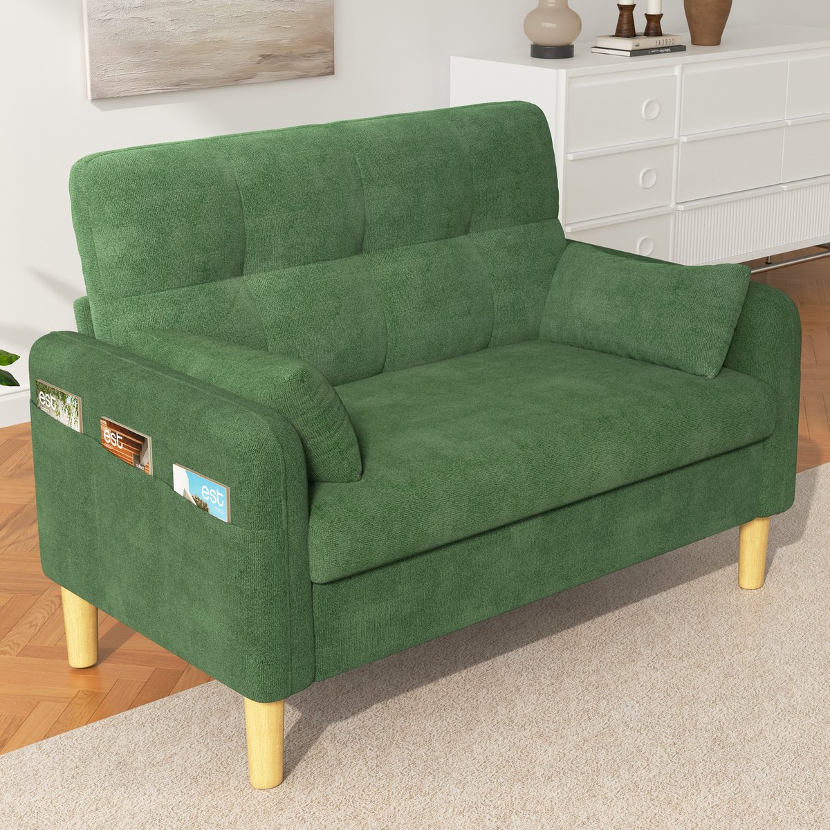 Comfortabel Zitten in Kleinere Ruimtes: Tweezits Sofa met Comfortabele Kussens in - 119x78x85 cm, Groen