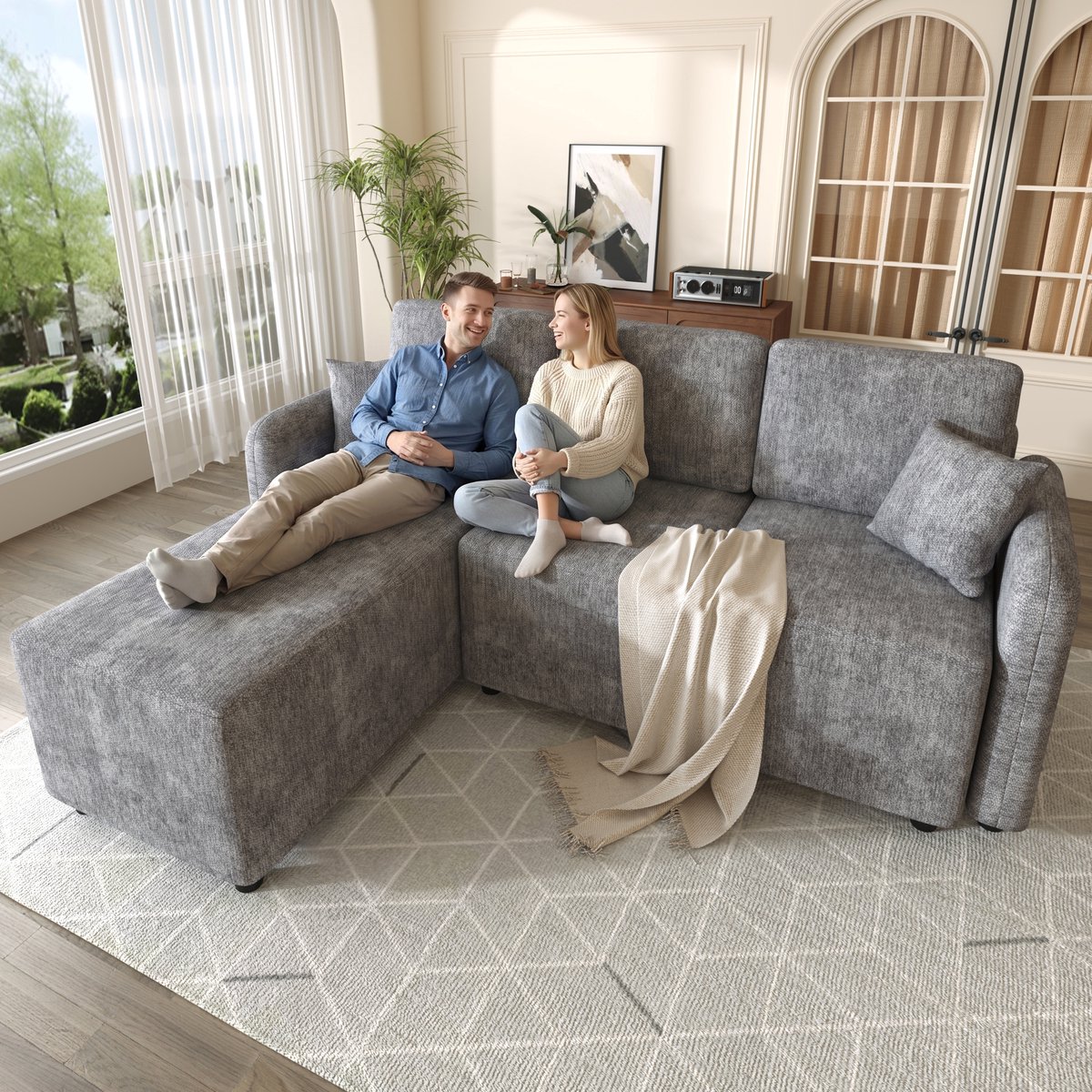 L-Form hoekbank 144cm - Massief Hout Met Hoogwaardige Chenille Bezug - 187.5x144x85.5 cm, Grijs