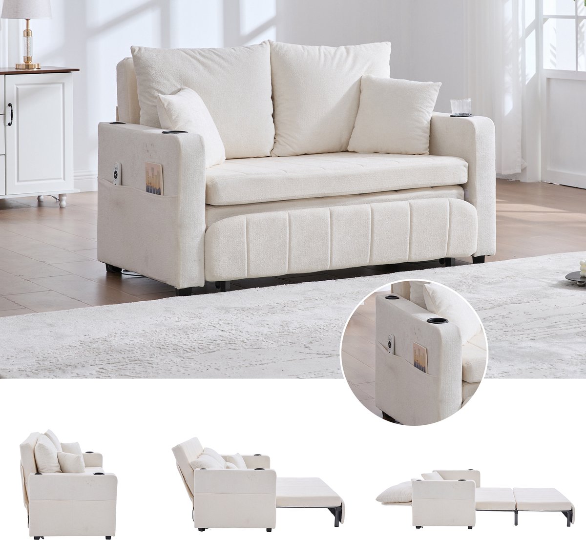 2 In 1 Slaapbank - Chenille Sofa Bed Met Uitschuifbaar Ontwerp - Multifunctionele 2 Zits Bank Met USB Oplader, Bekerhouder En Opbergtas - Ruimtebesparende Bank Voor Woonkamer, Kantoor En Appartement - Beige