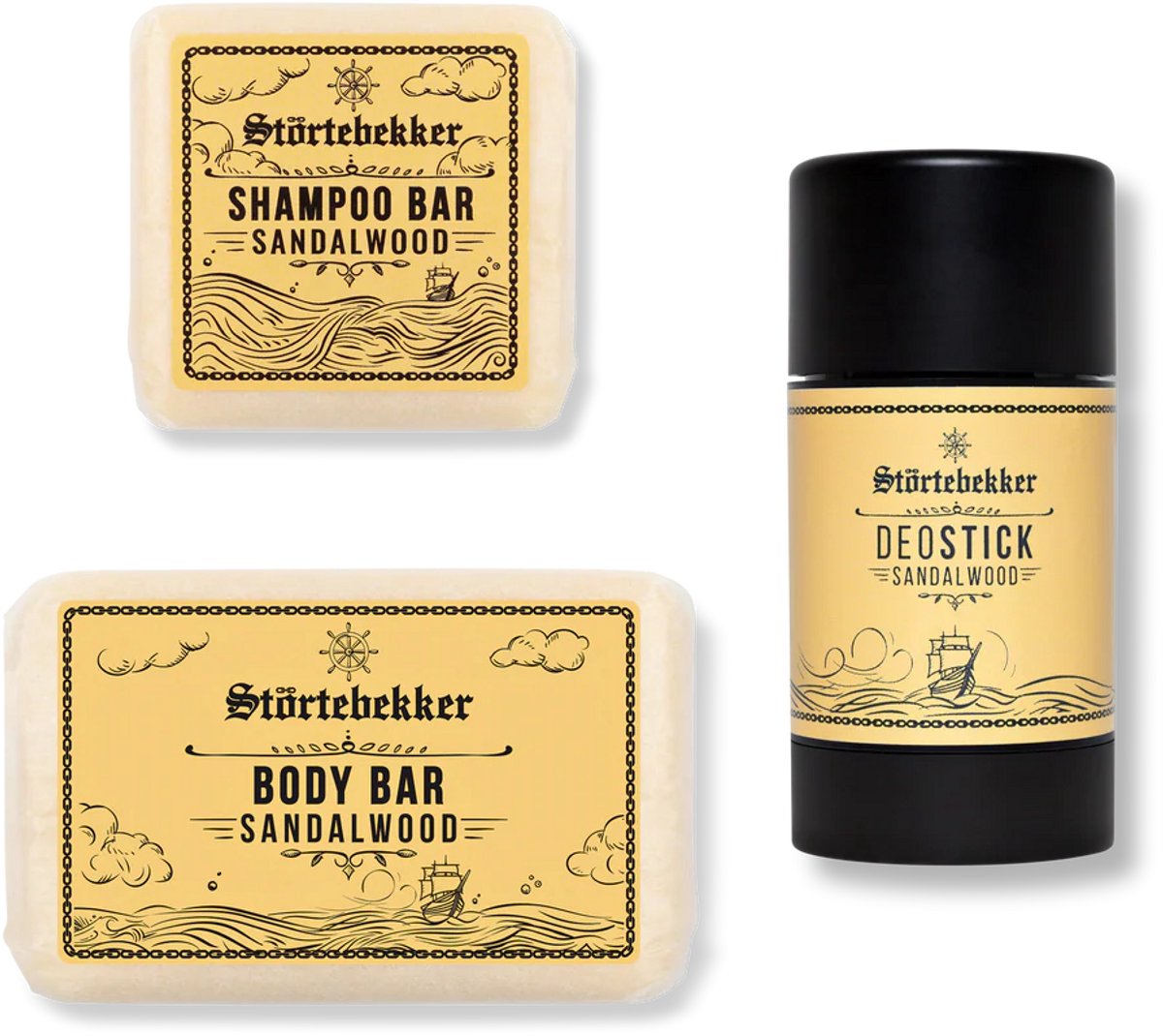 Störtebekker® Men Essential Set Sandelhout - Verzorgingsroutine Set Heren met Warme, Houtige Geur - Vaste Shampoo, Body Bar & Deostick - Vegan & Zonder Aluminium - Dagelijkse Frisheid