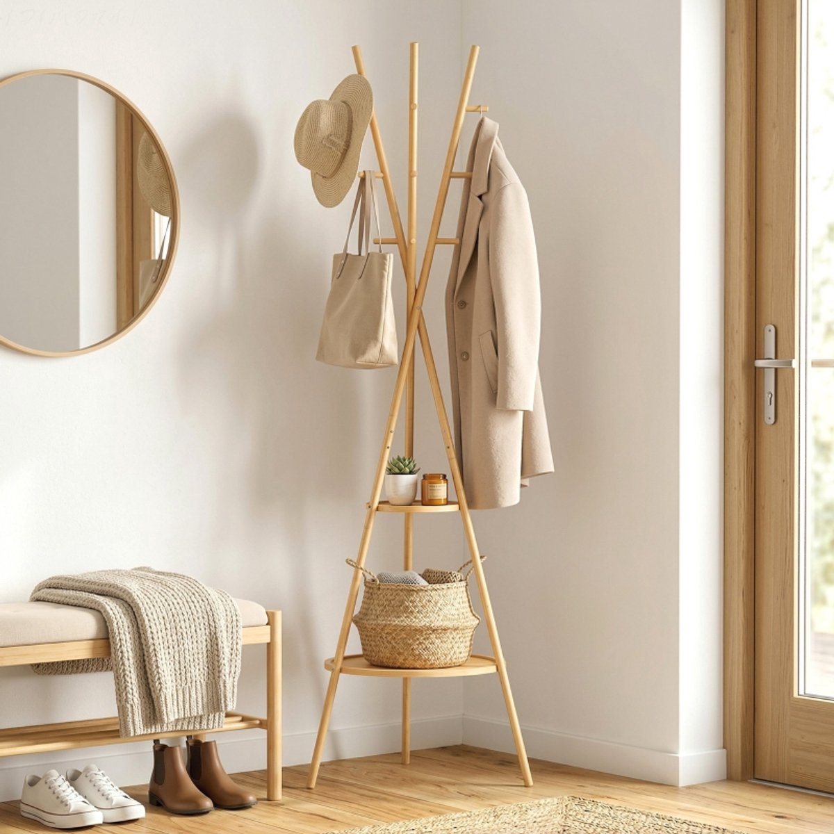 OKWISH Kledingrek Vrijstaand Met 9 Haken En 2 Planken 58,5 X 58,5 X 176 Cm Bamboe En MDF Natuur Voor Hal En Woonkamer