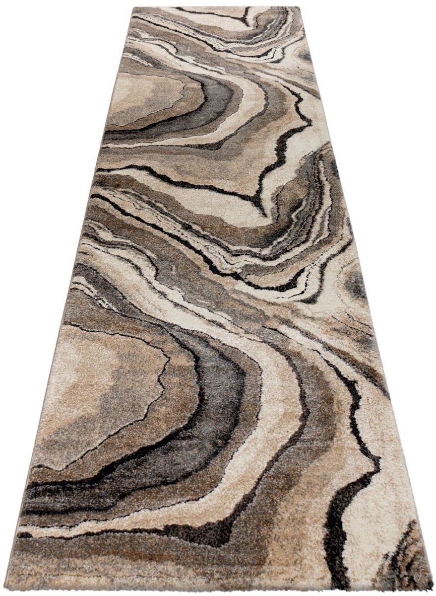 Padiro design laagpolig vloerkleed 80 x 150 cm - lichtbeige - modern abstract ontwerp - voor vloerverwarming - van polypropyleen, polyester en jute