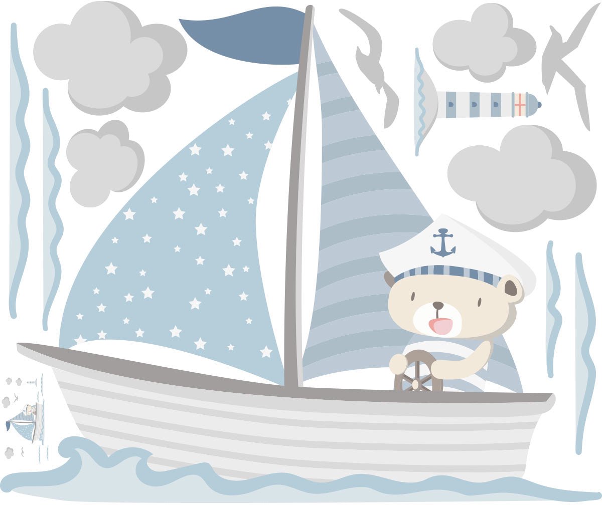 Ambiance Sticker Muurstickers - Teddybeer op zijn boot - Zelfklevende stickers - 110x130cm Multi color