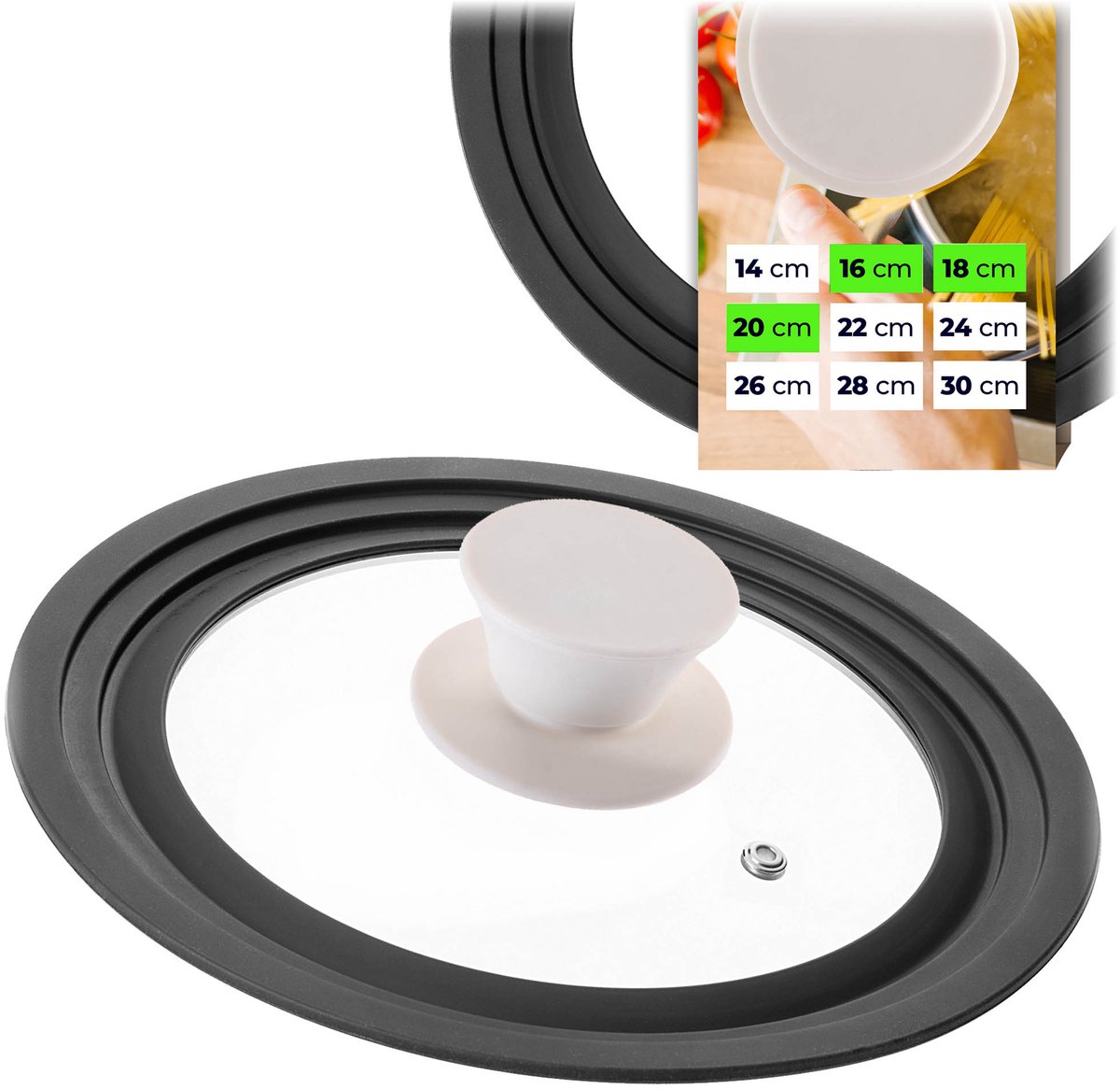 KADAX universele deksel 16/18/20 cm, universele deksel voor potten en pannen, pannendeksel, glazen deksel met siliconenrand en stoomopening, potdeksel (beige)