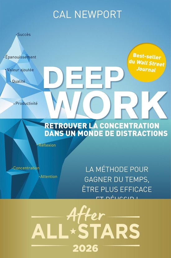 Boekomslag van Cal Newport's 'Deep Work' met de ondertitel 'Retrouver la concentration dans un monde de distractions'. Het boek wordt gepresenteerd als een bestseller van de Wall Street Journal.