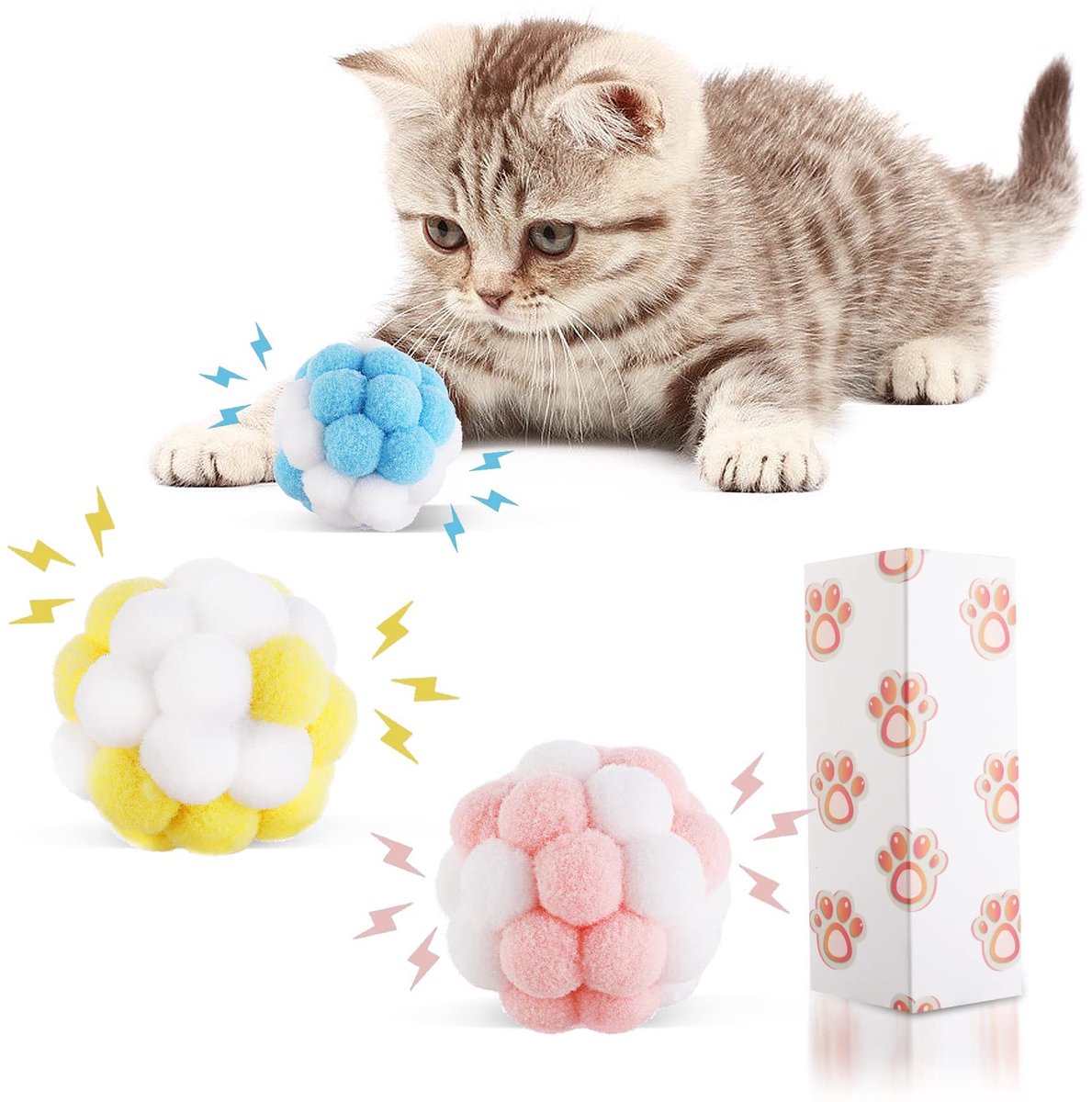 Solidchoice - Kattenspeelgoed Ballen met Bel - 3 Kleurrijke Pluizige Ballen voor Huiskatten