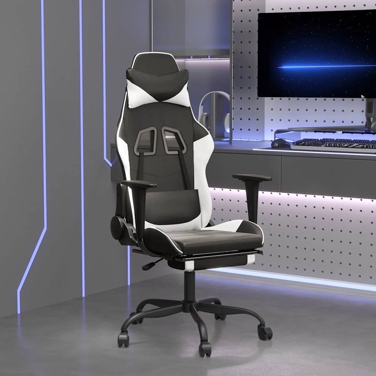 vidaXL Gamestoel - met - voetensteun - kunstleer - zwart - en - wit zwart en wit