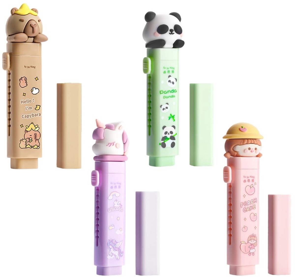 Solidchoice - 4 Sets Schattige Rubber Gummetjes met Terugdraaibare Navullingen