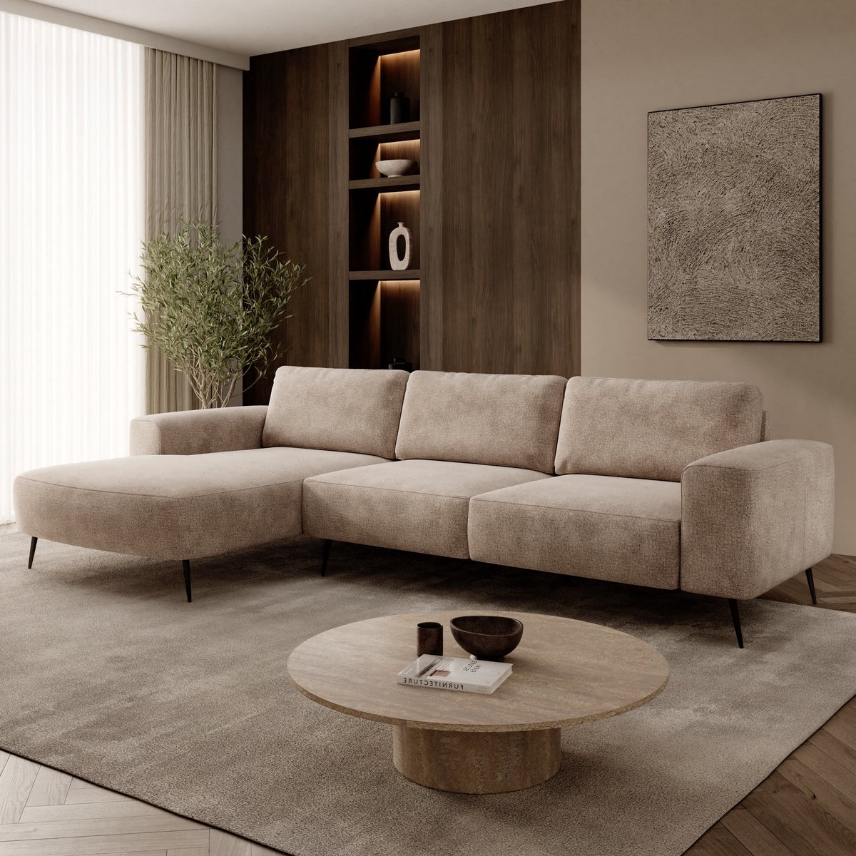 Meubella - Veldan - Hoekbank 3-zits - Stof beige - Links