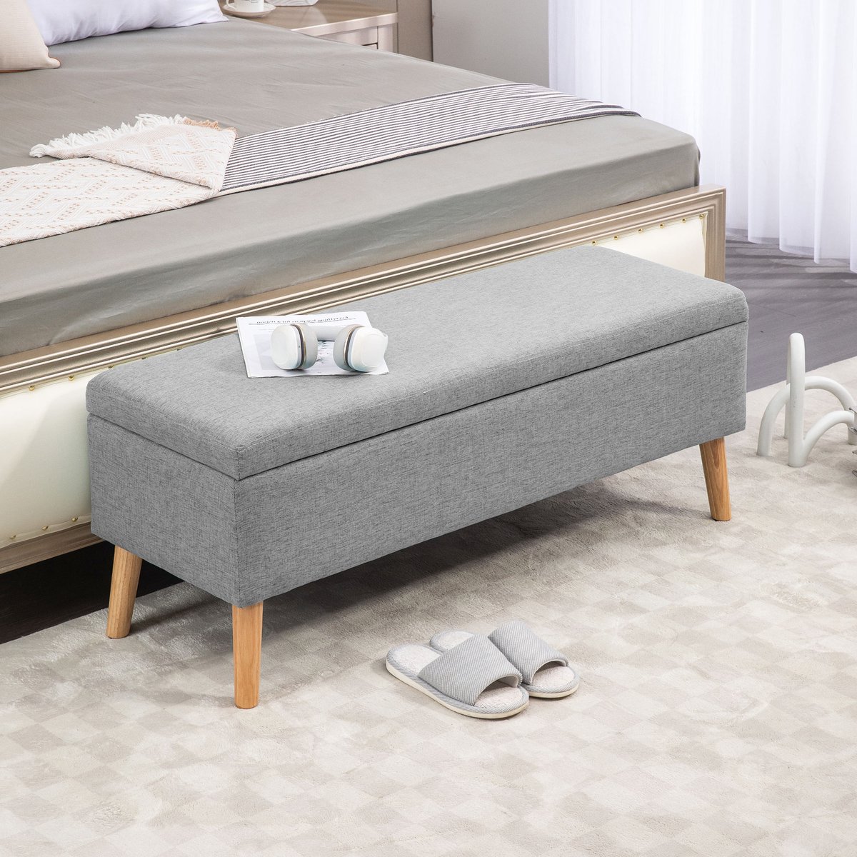 OKWISH Bank Opbergruimte – 110 X 39 X 45 Cm – Polyester In Linnenlook – Grijs – Voor Hal Slaapkamer Of Woonkamer – Houten Poten