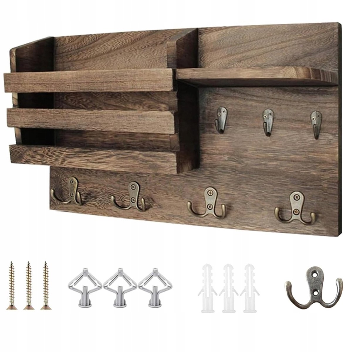 Houten Wandrek met Haakjes & Plank - Ideaal voor Sleutels & Post