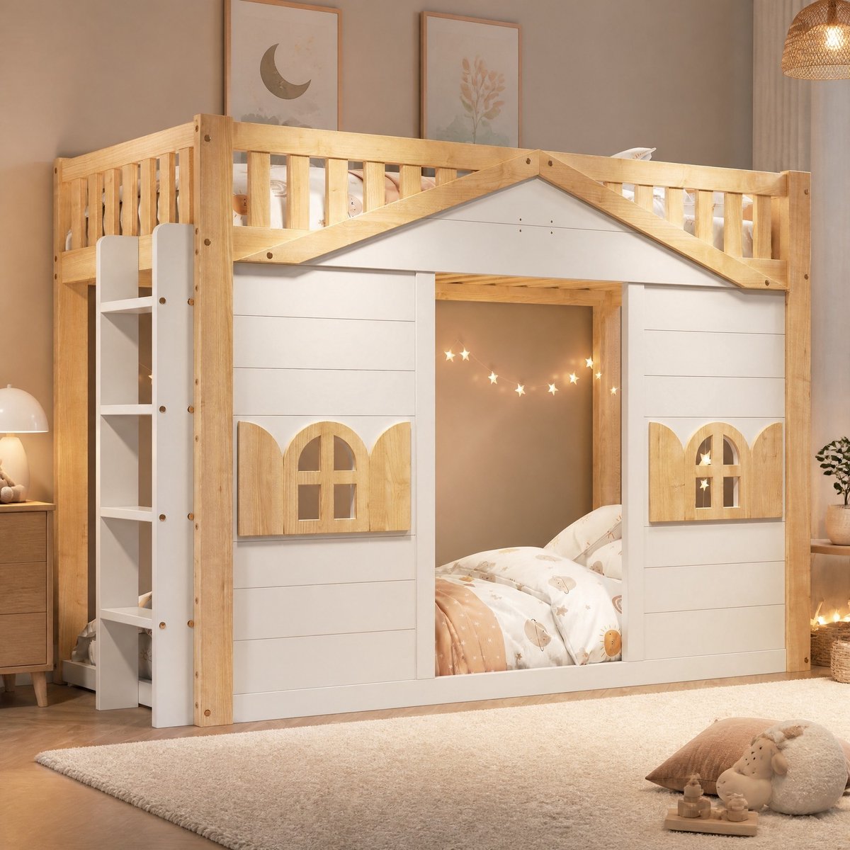 Hoogslaper 90x200cm – Kinderbed Met Ladder En Raam – Speelruimte Onder Het Bed – Hout En MDF – Wit En Naturel – Zonder Matras