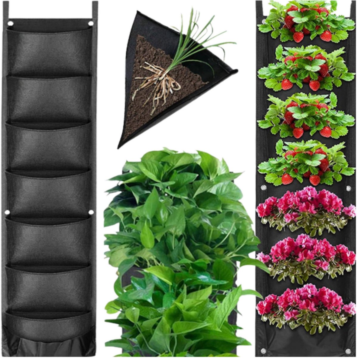 Hangende Plantenbak van Vilt - 6 Vakken, Zwart, 100x30 cm