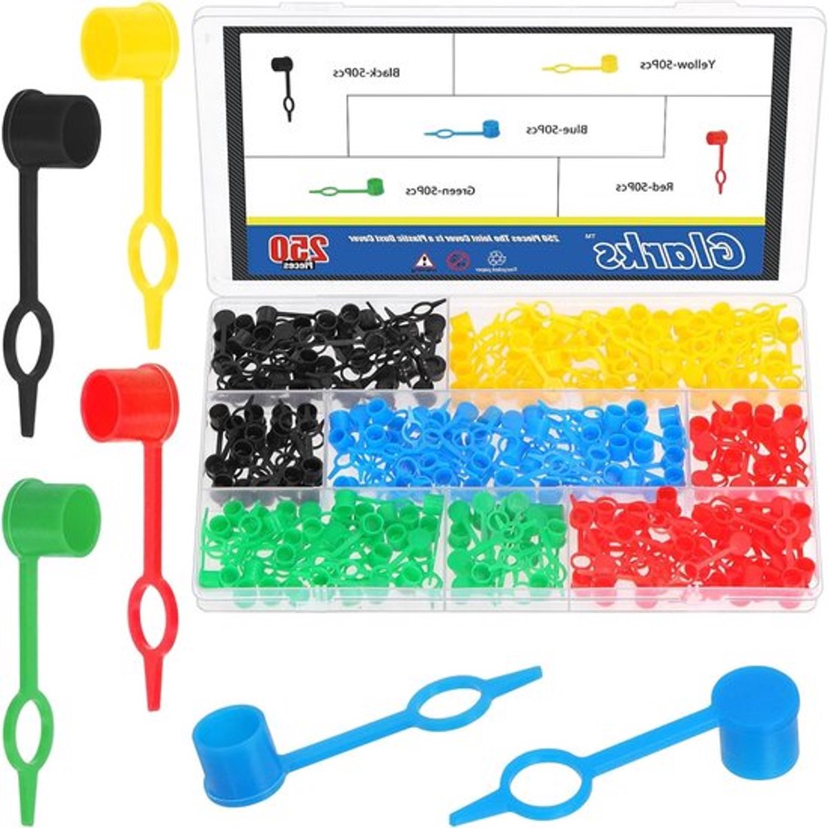 250 Stuks Plastic Grease Zerk Fitting Caps Kit - 7 x 35mm in 5 Kleuren met Bevestigingsringen voor Remontluchtingsschroeven en Vetfittingen
