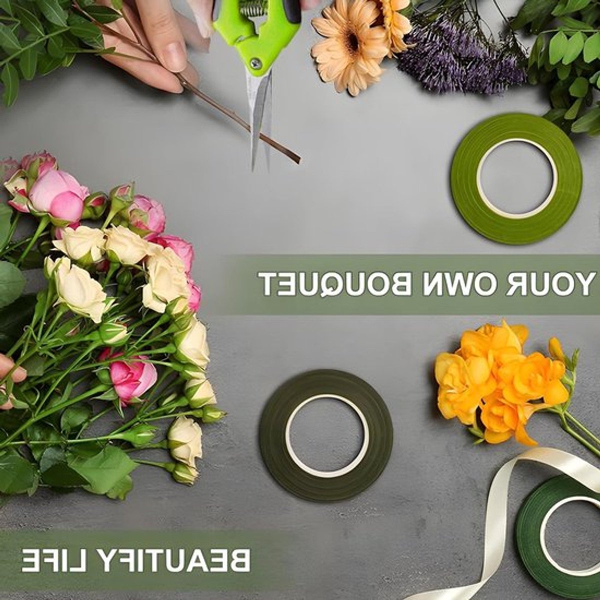 Set van 3 Rollen Bloemtape en 1 Paar Tuinschaar voor Bloemstukken, Bruiloften en DIY Creaties