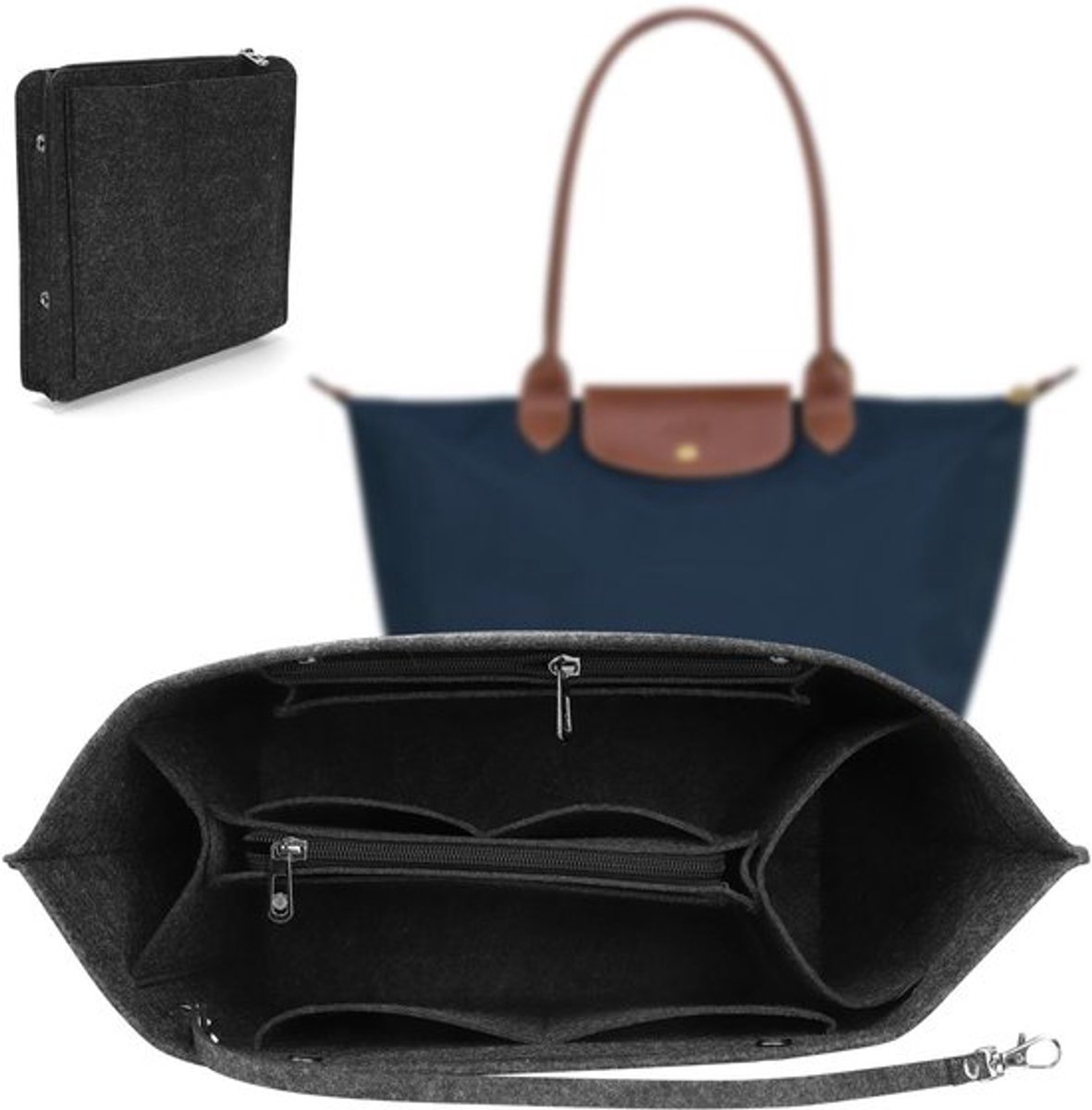 Multifunctionele Handtas Organizer met Verwijderbaar Compartment en Sleutelhanger - Ideaal voor Diverse Tassen (Donkergrijs, M)