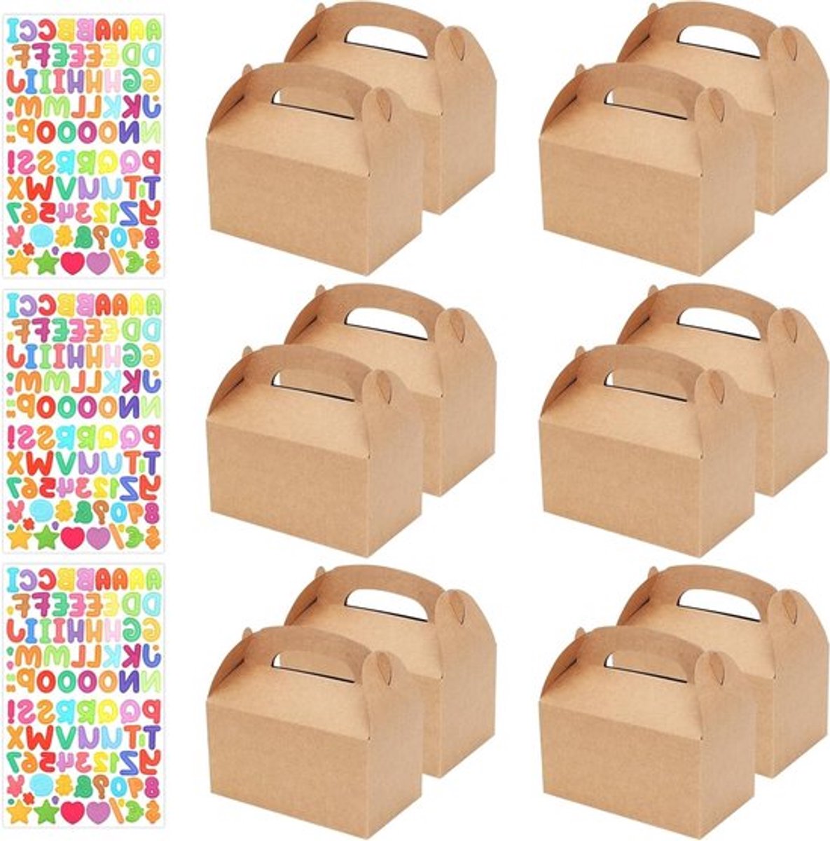 Set van 12 Lege Cadeauboxen met 3 Lettervorm Stickers - Kartonnen Cakeboxen voor Kinderfeestjes, Bruiloften en Babyshowers - 16 x 9 x 8.5 cm (Bruin)