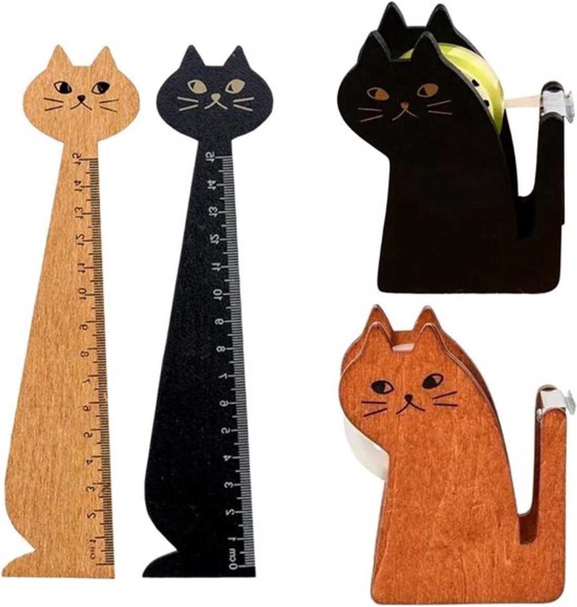 Schattige Kat Tafel Dispenser voor Plakband met Houten Design, Inclusief Rol Plakband, Vintage Ruler en Handige Snijfunctie voor Creatief Knutselen en Kantoorgebruik
