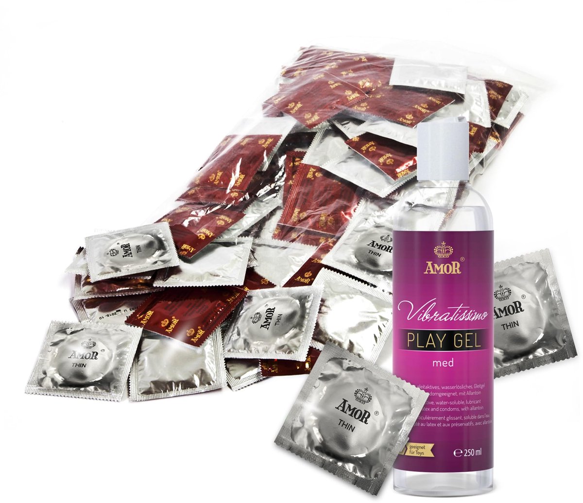 Set AMOR Premium Condoom en Glijmiddel - Ideale partners voor goede seks, 100 Thin Condooms, 0,055 mm, Ø 53 mm + Vibratissimo Play Gel anaal 250 ml