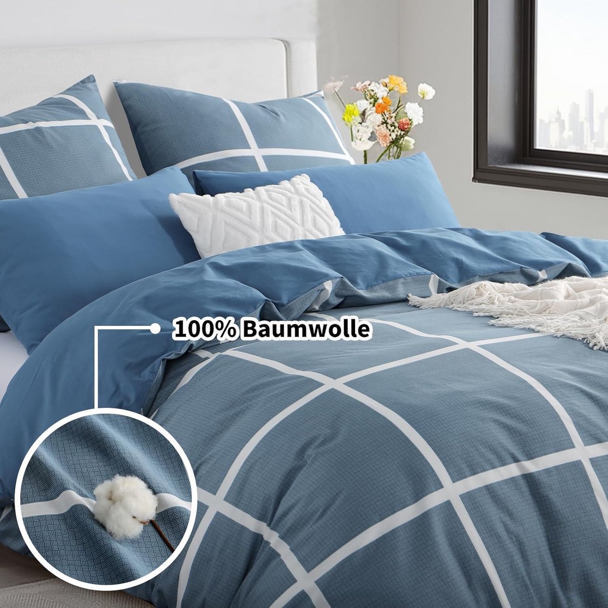 RUIKASI Cotton Bed Linen 135 x 200 cm, 4-Piece Denim Blue, Cotton Bed Linen, 4-Piece Checked Blue Duvet Cover Set - ShopVlot