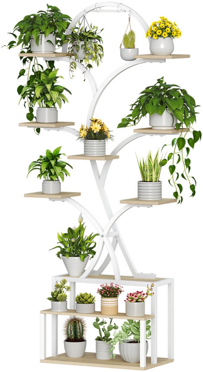 Hzuaneri Plantenstandaard met groeilicht, metalen houten plantenrek met 10 etages en 3 leds, geschikt voor woonkamer, binnen en buiten, tuin en balkon, 168 cm, wit, set van 1