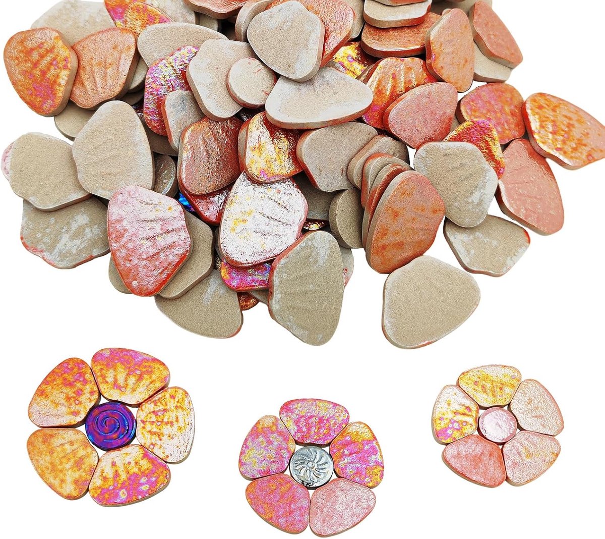 500 g iriserende bloem keramische mozaïek tegels voor ambachten bulk - 3 maten gekleurd bloemen porselein mozaïek stukken voor mozaïek doe-het-zelf - huis en tuin kit decor (oranje)