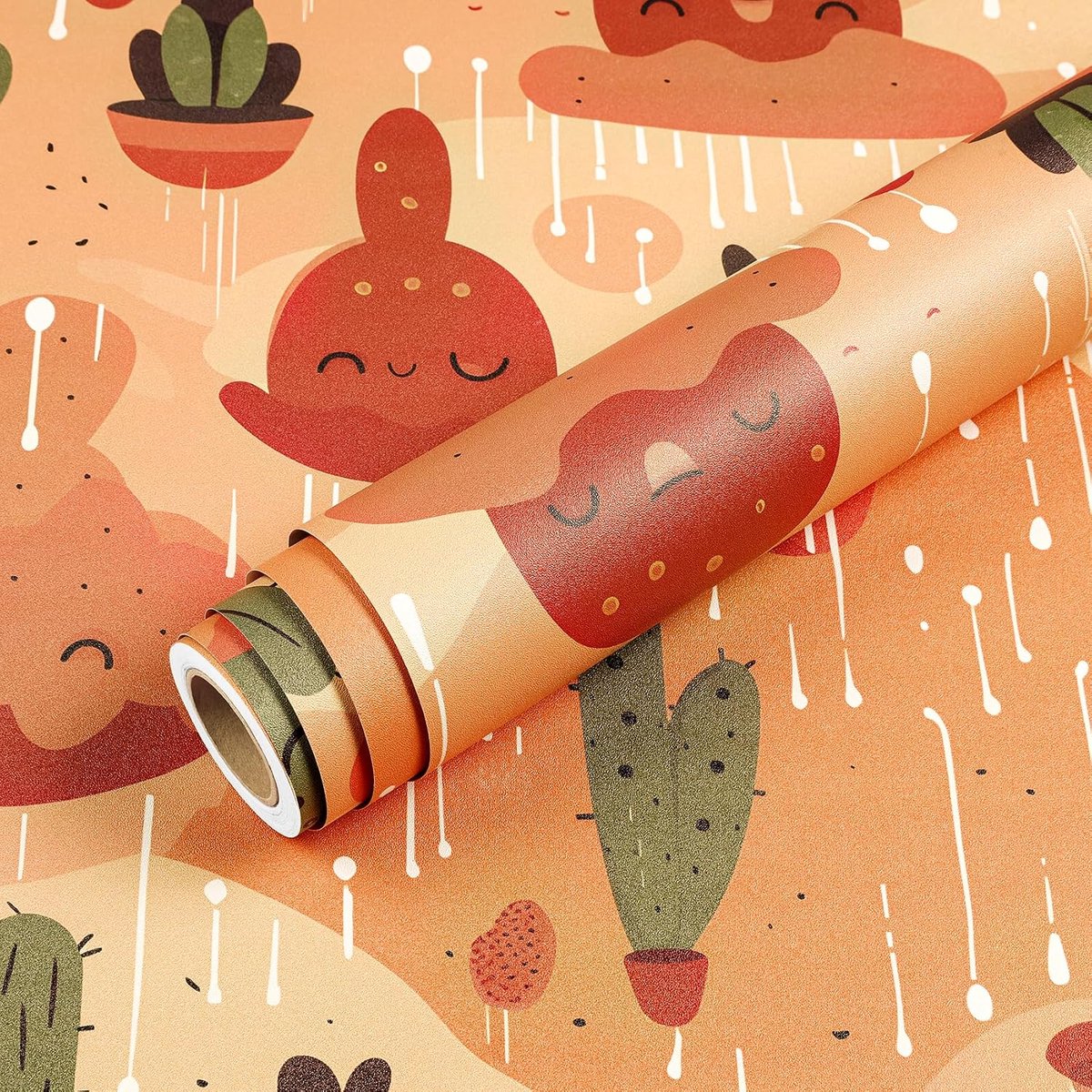 Livelynine Wallpaper Self-adhesive Orange Green Pattern Cactus Succulents Wallpaper Children's Room Neutral 44.5cm x - ShopVlot