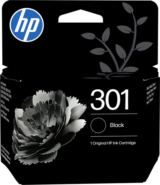 Zwarte HP 301 inktcartridge verpakking met HP logo, nummer 301, 'Black' en een illustratie van een bloem.