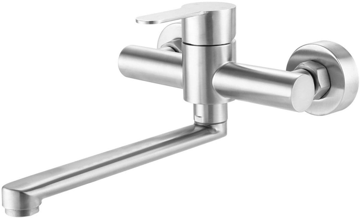 longziming -Wandgemonteerde Keukenkraan – Uitloop 23 cm – Keukenmengkraan met Eénhendel – 304 RVS – Geborstelde Afwerking – 1 Stuk