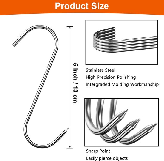 20pcs S Hooks 13cm Large S Hooks Stainless Steel Hooks Meat Hooks Stainless Steel Butcher Hooks for Hanging Deer - ShopVlot — afbeelding 5