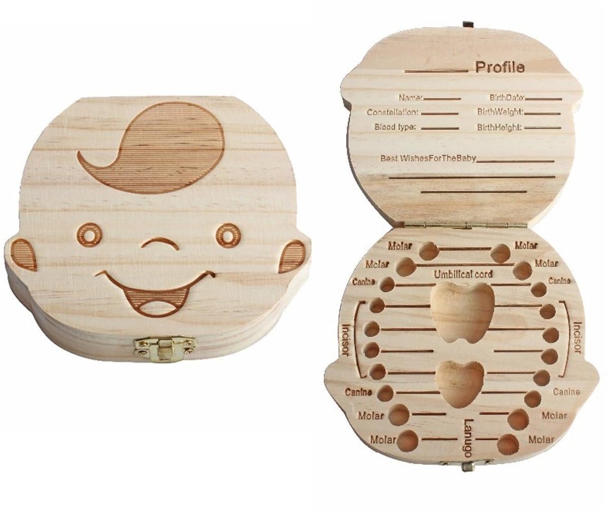Okado Houten Tandendoos Jongen – Melktanden en Haarlok – 12,5 cm