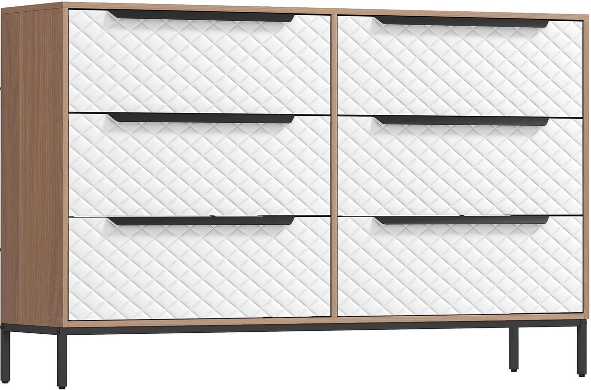 TEKROA® Ladekasten - met 6 Laden -Kast - fronten met ruitpatroon - Opbergkaste Slaapkamer - wit