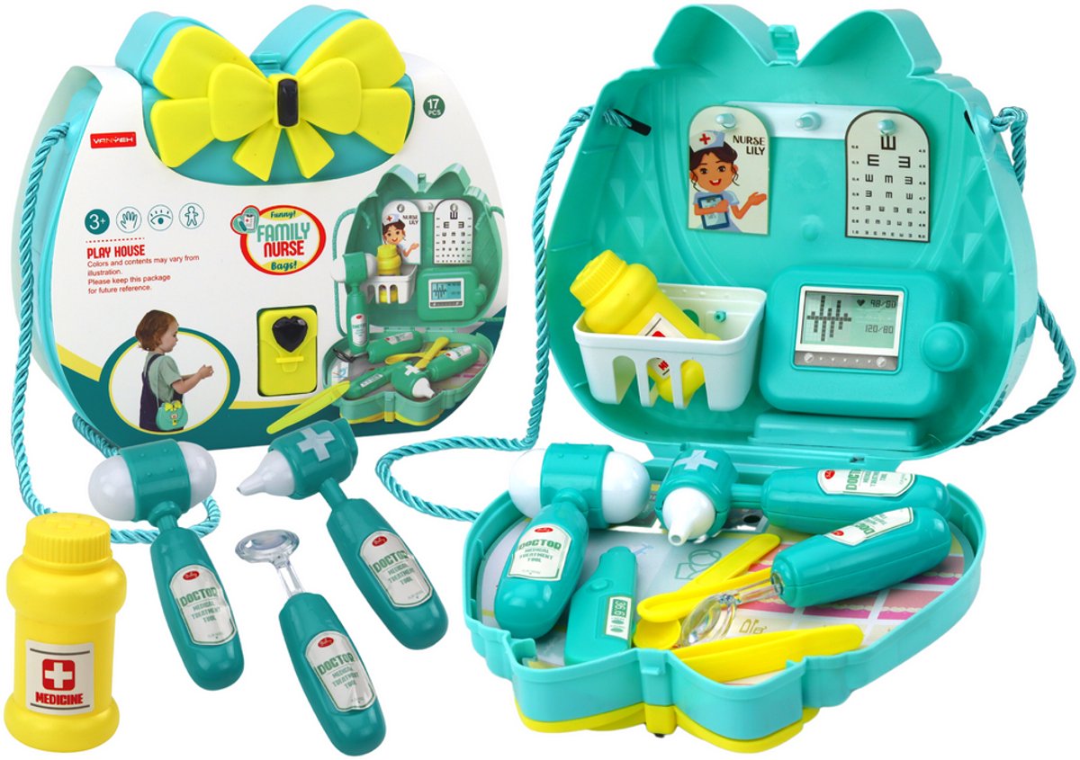 Turquoise doktersset in een tas met trekkoord