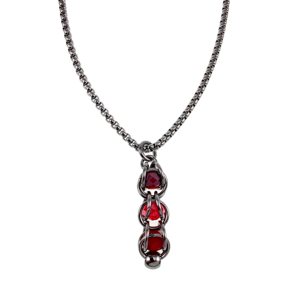 Jasseron-Ketting + Schakelhanger met Drie Rodekleur Kristallen, Hanger met Ketting 60cm x 3mm, RVS, Dames - Handgemaakt