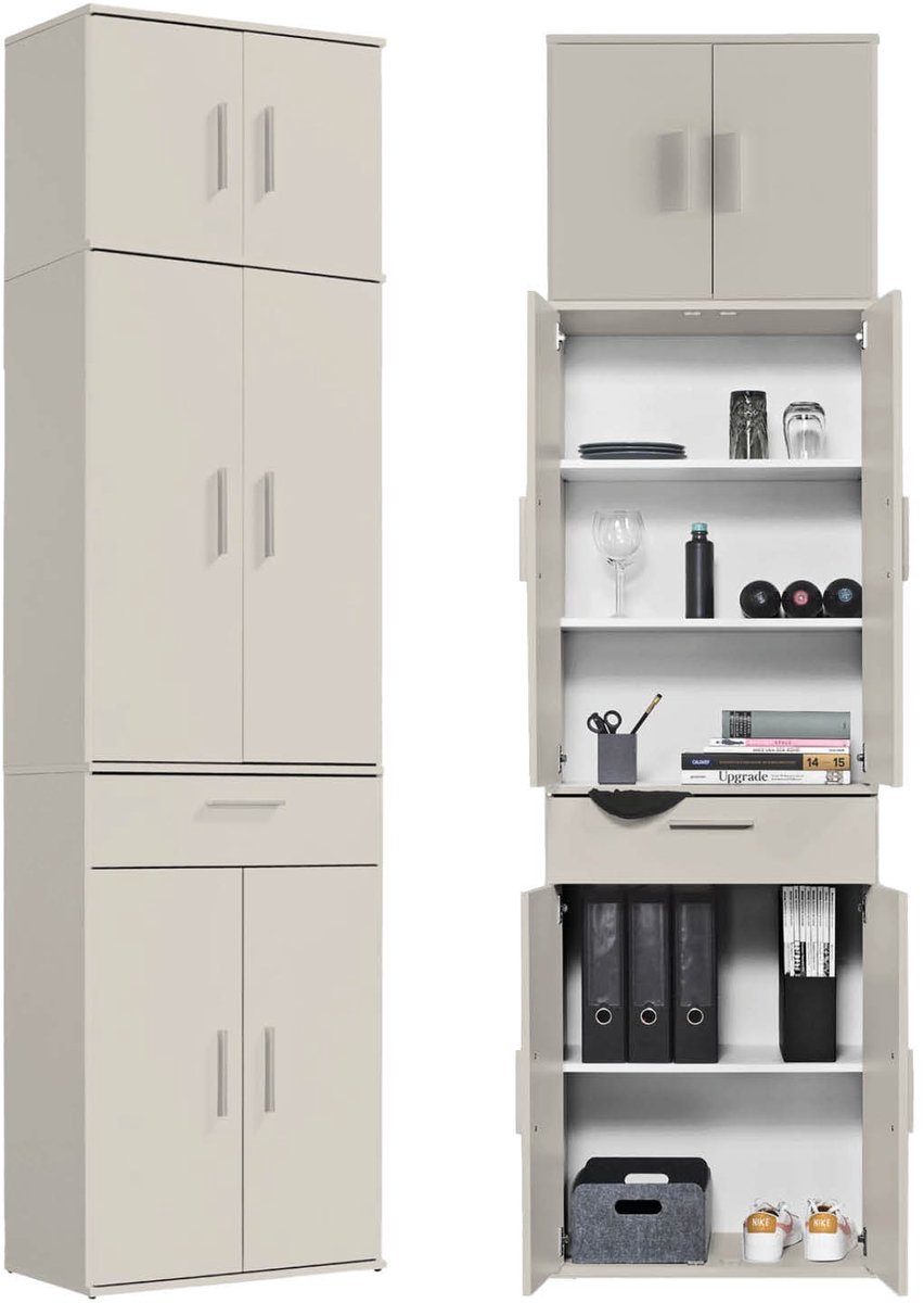 mokebo Multifunctionele kast smal kasjmier (42 cm) 'Der Kompakte' in Grijs Beige – Huishoudkast met 1 deur & 3 verstelbare legplanken – 180 cm hoog, universele kast voor hal, badkamer of als bezemkast