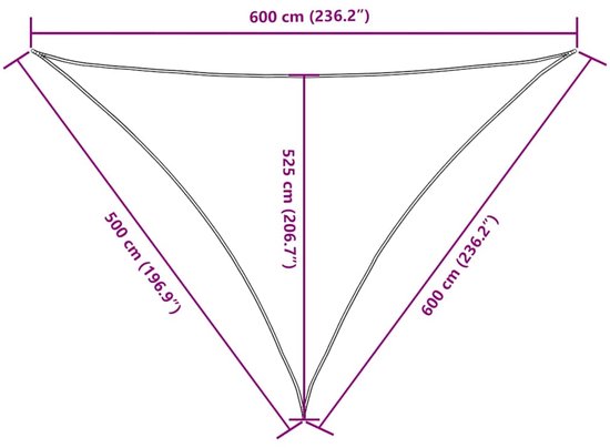 Zwart driehoekig schaduwdoek met afmetingen: 600 cm, 525 cm, 500 cm.
