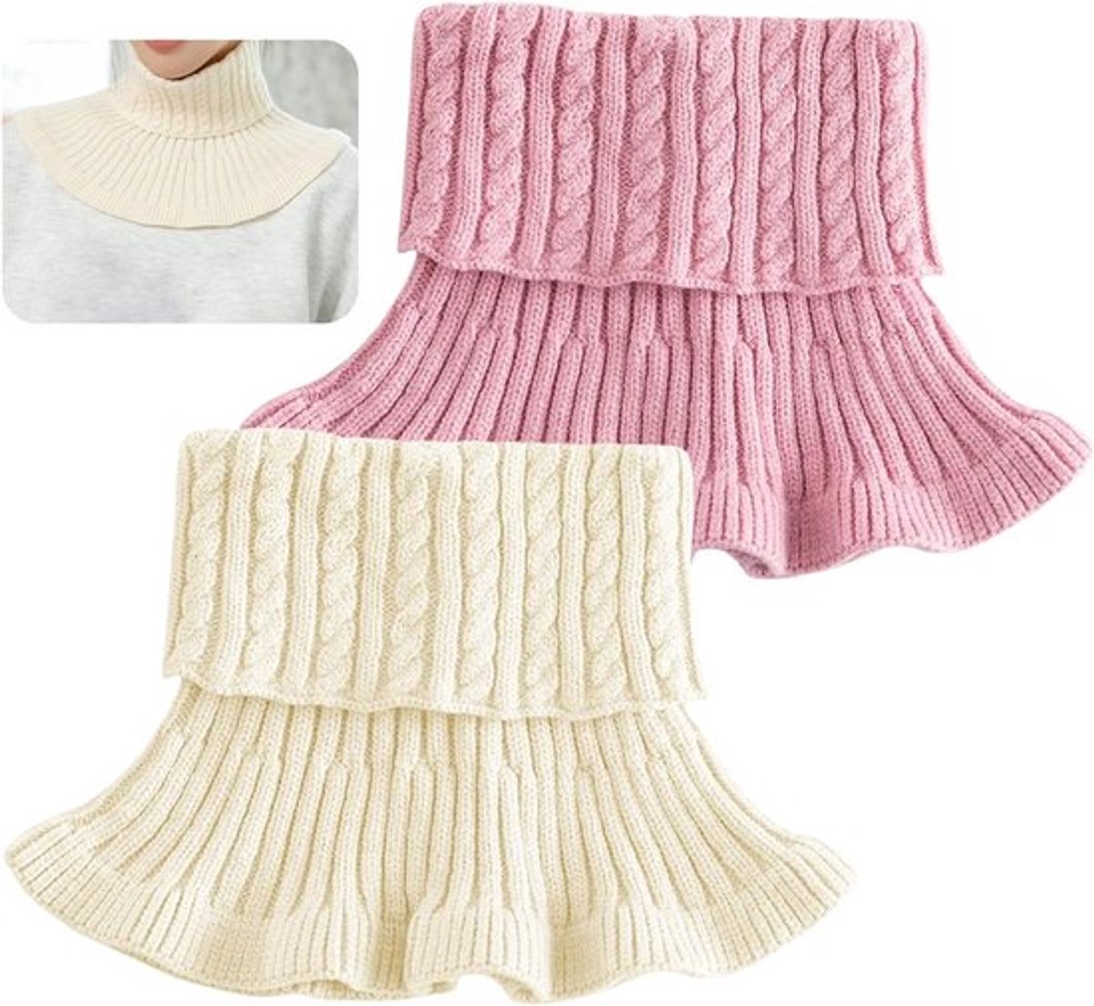 Dames Rolkraaginzetten, Zachte Gebreide Col, Verwijderbare Nep-rolkraag in Roze en Crème, Perfect voor Casual Outfits en Avonden Uit