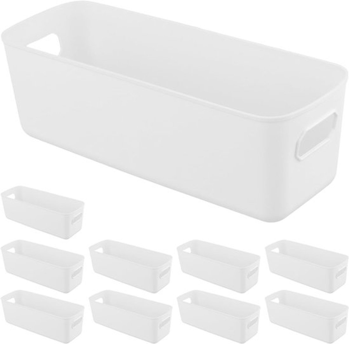 10 stuks witte kunststof opbergmanden met handvat, smalle rechthoekige opbergdozen voor badkamer, keuken en kantoor, 28 x 10 x 9,5 cm, ideaal voor organisatie en opslag