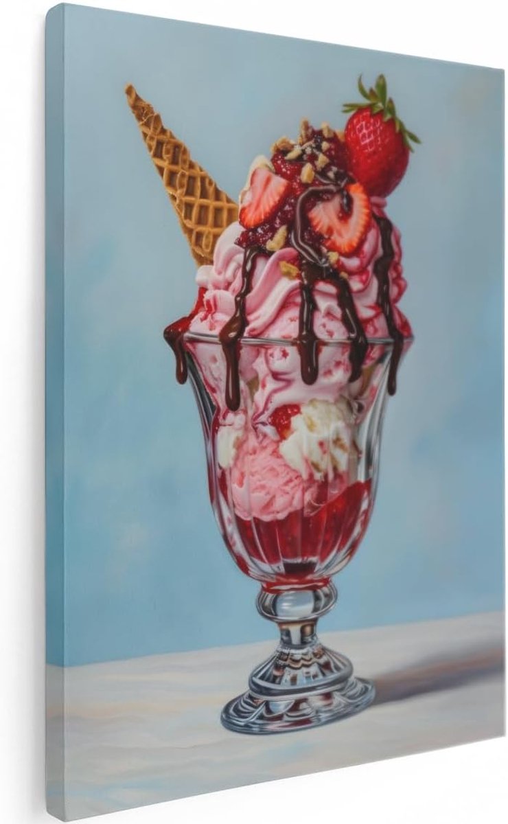 Artaza Canvas Schilderij Stilleven Ijscoupe - 30x40 cm - Klein - Wanddecoratie Aardbeien - Muurdecoratie Eten - ShopVlot