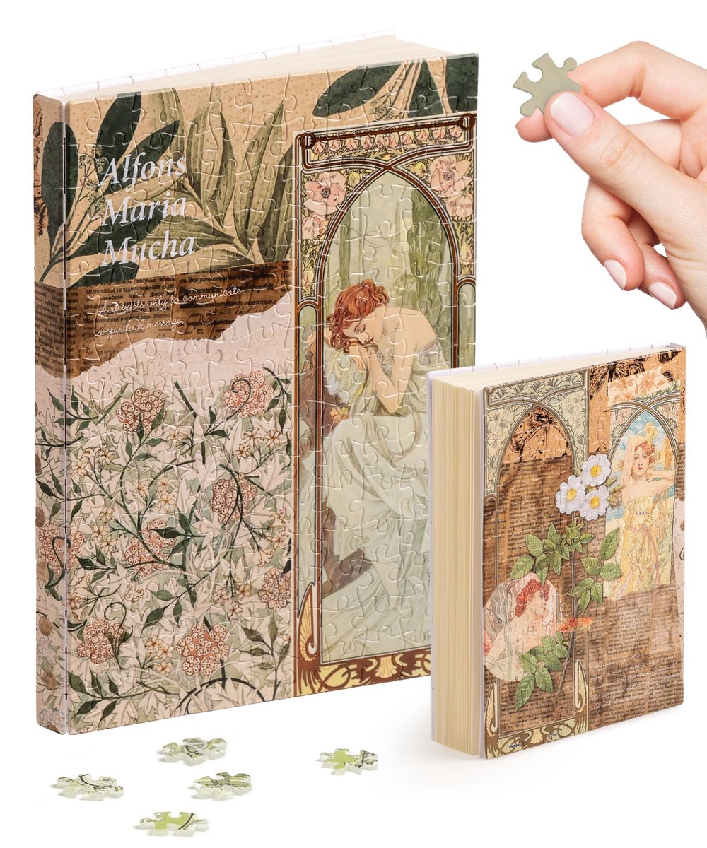 PieceRelax Puzzel Journal – Alphonse Mucha - The Times of the Day - A5 Boekhoes van 329 Stukjes - ShopVlot