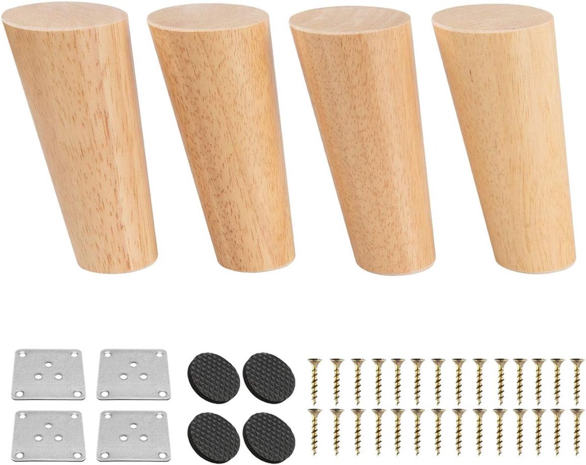 Btowin 4 Pieces Solid Wood Furniture Legs Replacement Round Conical Modern Vintage with Mounting Plates and Screws and - ShopVlot