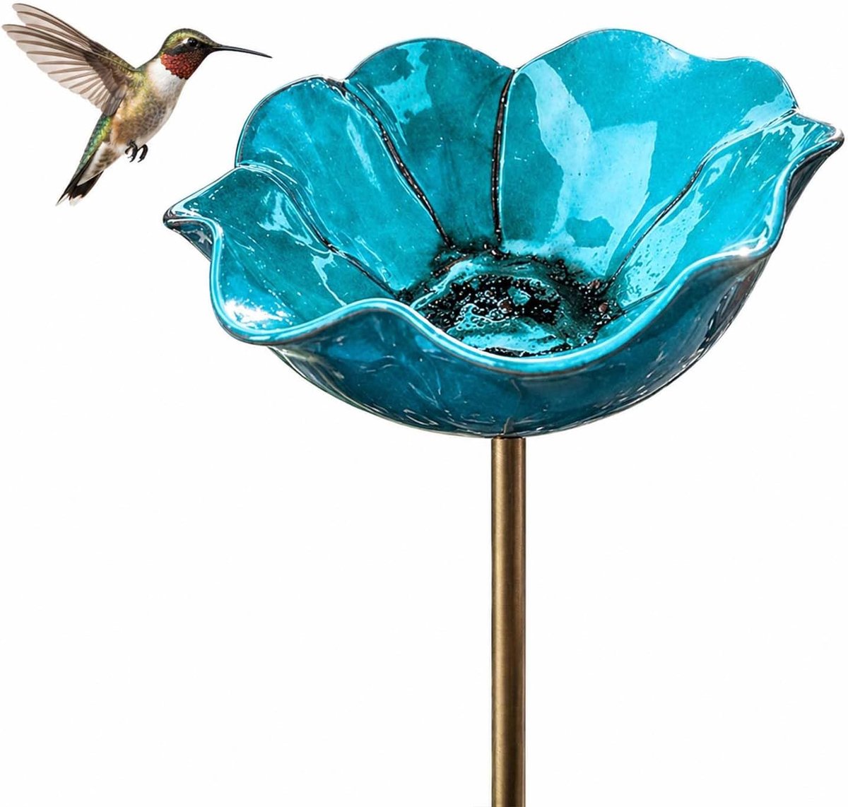 Vogelbad voor de tuin – Drinkplaats voor insecten – Bijenbad – Bloemmotief – Terrasdecoratie – Metalen bloem – Diameter 15 cm – blauw