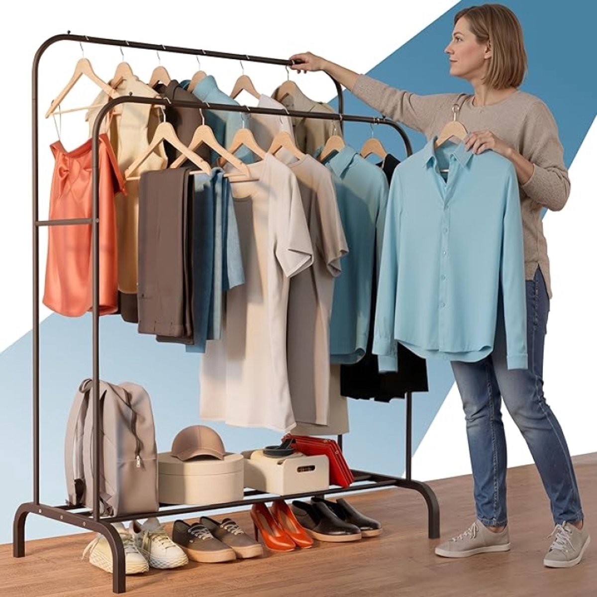 Nazik Living Kledingstandaard van staal, tot 35 kg, organizer met dubbele stang en schoenenrek, vrijstaande kapstok met antislip voeten, valbeschermkappen voor kleerhangers, snelle montage