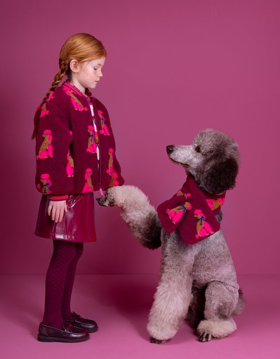 Meisje met rode vlechtjes kijkt naar zittende hond. Ze dragen bijpassende bordeauxrode jas en sjaal met poedelprint.
