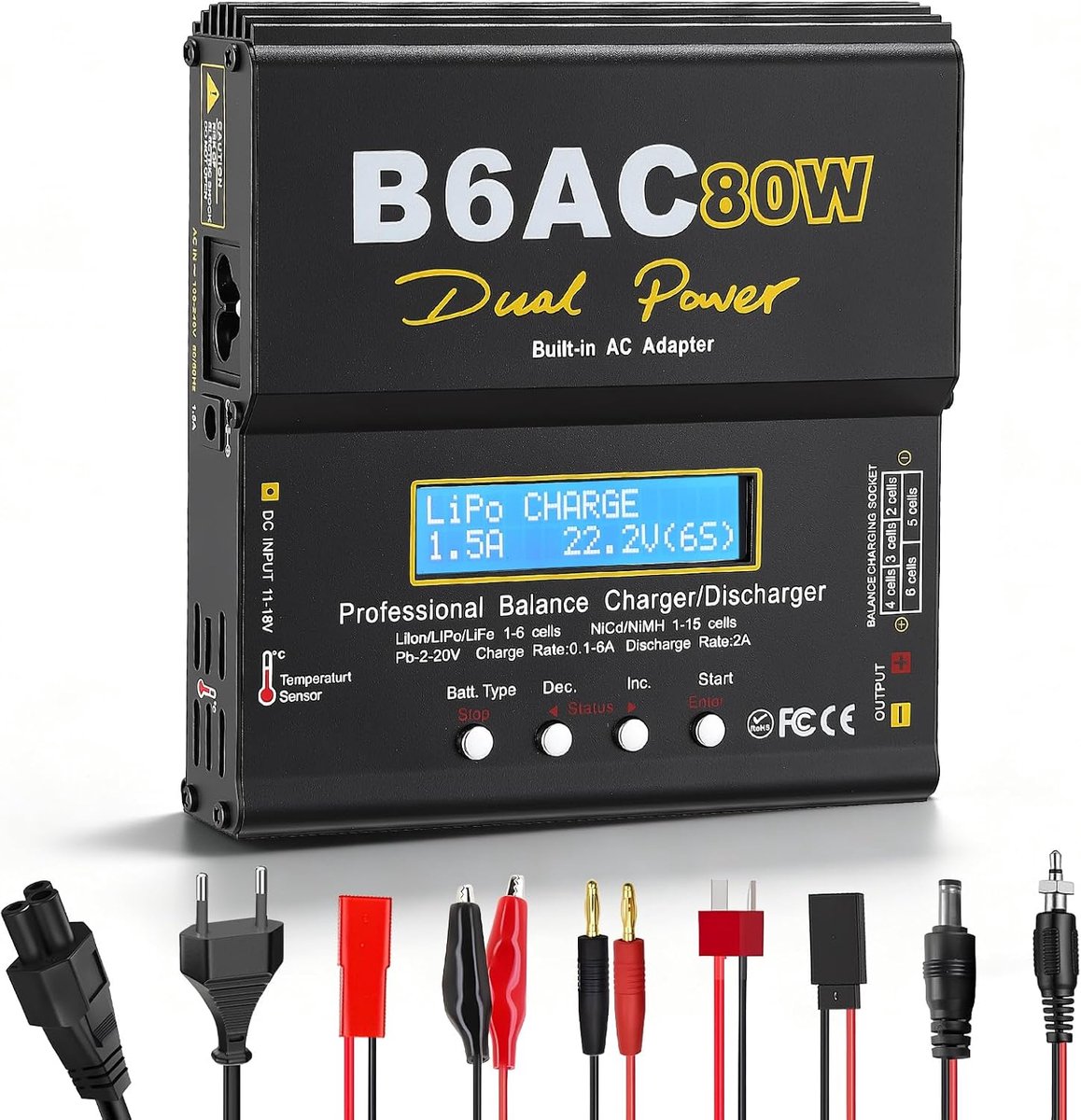 LiPo Charger 80W 6A Dual Power Battery Charger with Balancer for LiPo Li-Ion Life (1-6S) NiMH NiCd (1-15S) PB, B6AC RC - ShopVlot