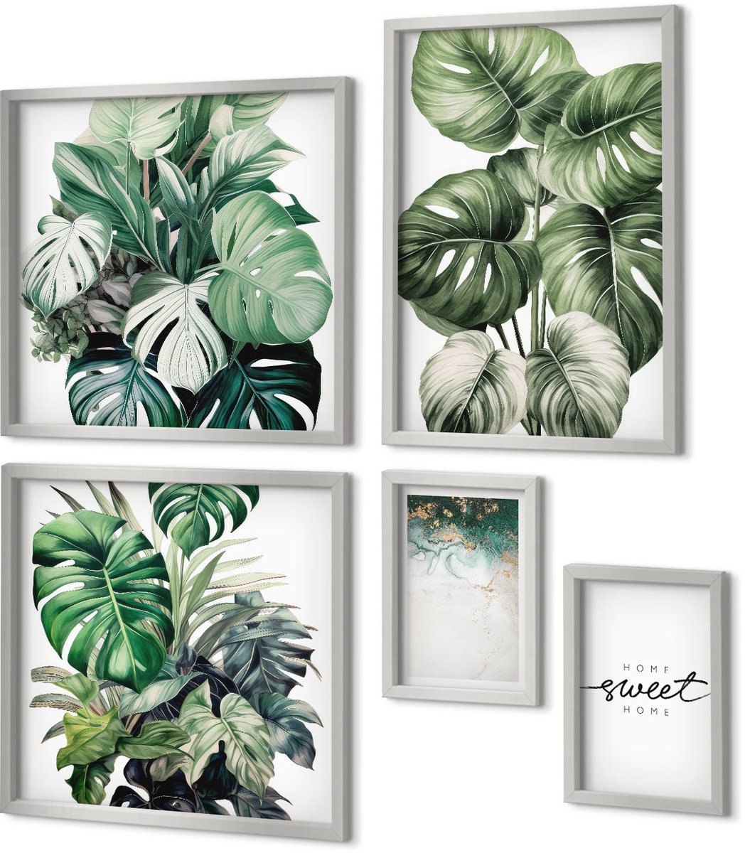Coloray 5-Delige Schilderij Set - Planten In Het Groen Met De Woorden Sweet Home - 20 x 30 cm - Wanddecoratie - Schilderijen Set - Kantoor - Moderne Wanddecoratie
