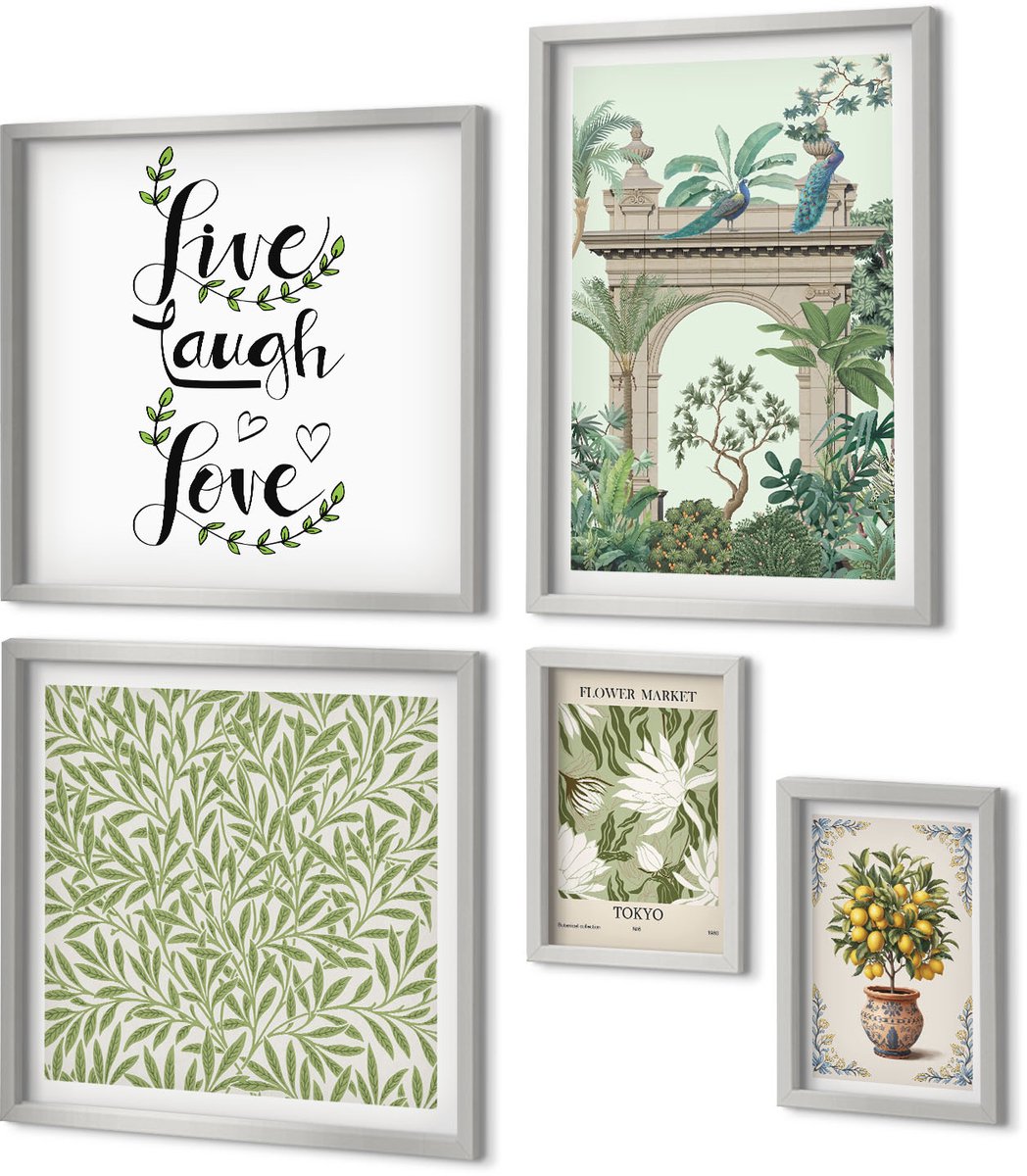Coloray 5-Delige Schilderij Set - Groene Bladeren Als Lettertype En Exotische Planten In De Architectuur - 20 x 30 cm - Stijlvolle Muurdecoratie - Kantoor - Moderne Wanddecoratie
