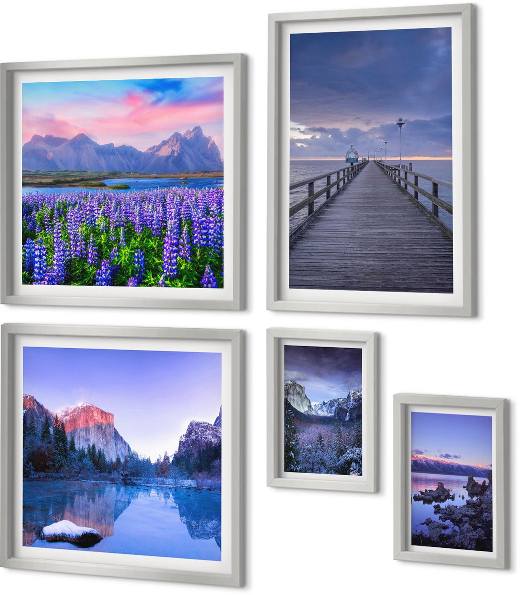 Coloray 5-Delige Schilderij Set - Berglandschappen Met Water, Lucht En Bloemenvelden - 20 x 30 cm - Muurdecoratie - Wanddecoratie - Slaapkamer - Woonkamer Decoratie